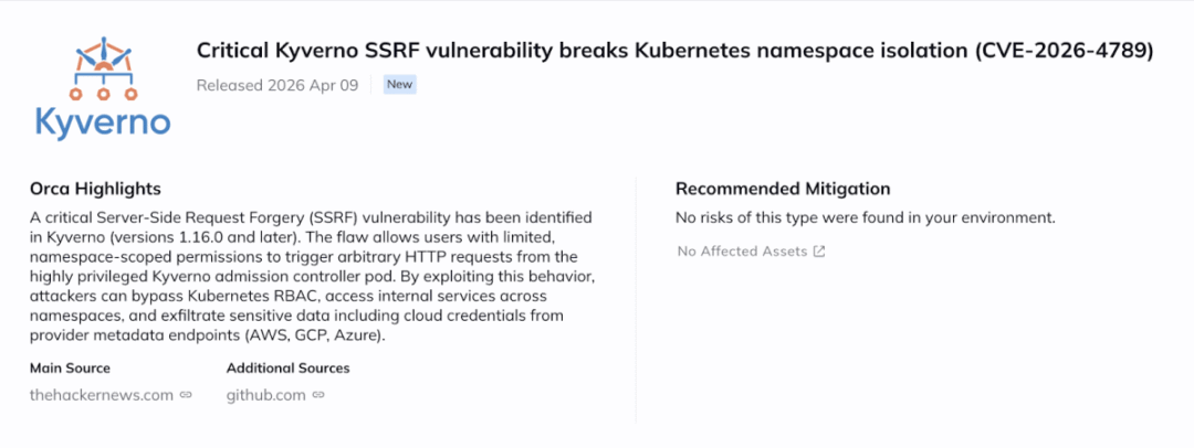 Orca Security 平台针对 Kyverno SSRF 严重漏洞 (CVE-2026-4789) 的告警截图,该漏洞可绕过 Kubernetes Namespace 隔离和 RBAC 机制。